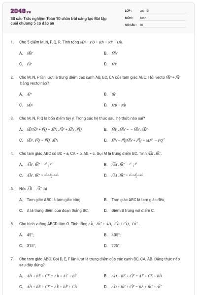 30 câu Trắc nghiệm Toán 10 chân trời sáng tạo Bài tập cuối chương 5 có đáp án