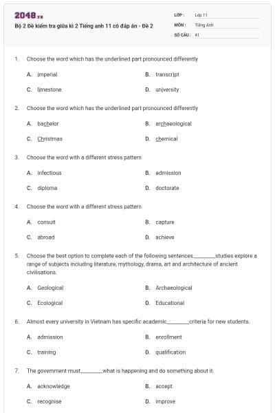 Bộ 2 Đề kiểm tra giữa kì 2 Tiếng anh 11 có đáp án - Đề 2