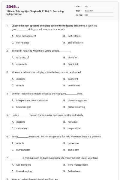 110 câu Trắc nghiệm Chuyên đề 11 Unit 3. Becoming Independence