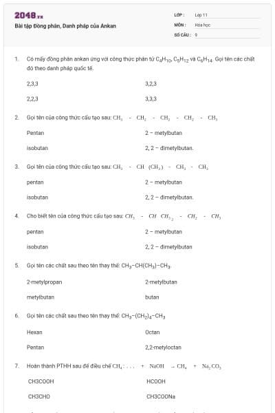 Bài tập Đồng phân, Danh pháp của Ankan