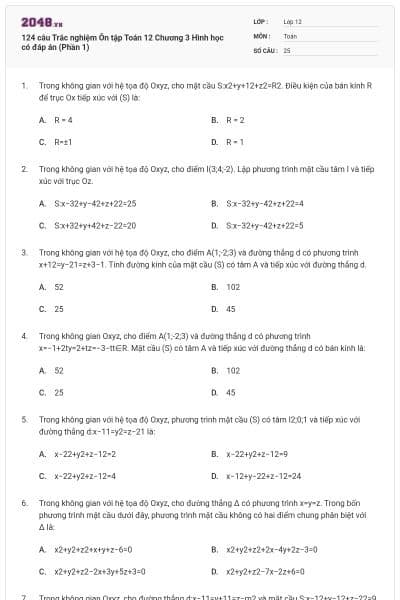 124 câu Trắc nghiệm Ôn tập Toán 12 Chương 3 Hình học có đáp án (Phần 1)