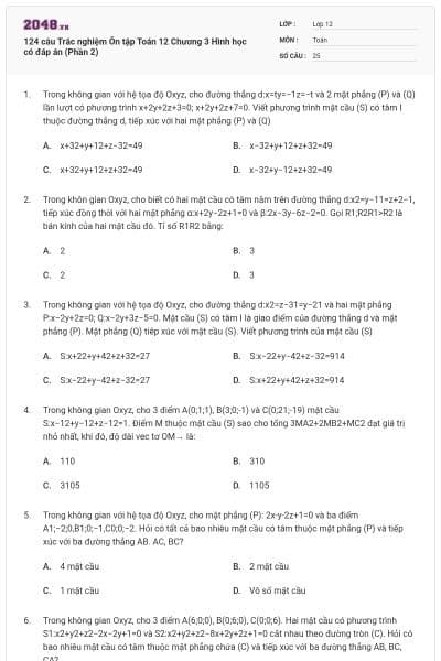 124 câu Trắc nghiệm Ôn tập Toán 12 Chương 3 Hình học có đáp án (Phần 2)