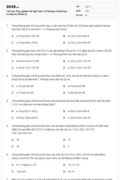 124 câu Trắc nghiệm Ôn tập Toán 12 Chương 3 Hình học có đáp án (Phần 3)