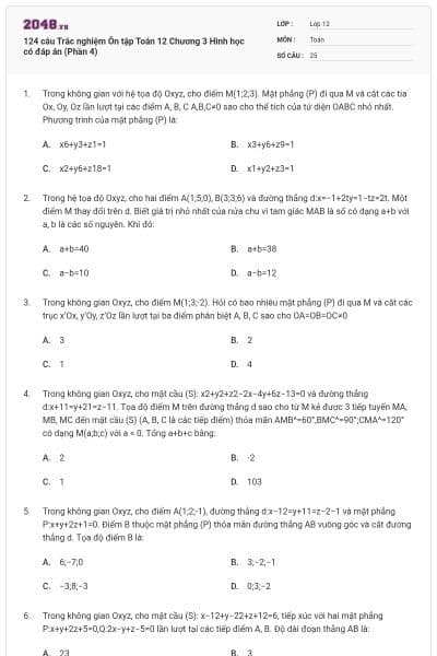 124 câu Trắc nghiệm Ôn tập Toán 12 Chương 3 Hình học có đáp án (Phần 4)