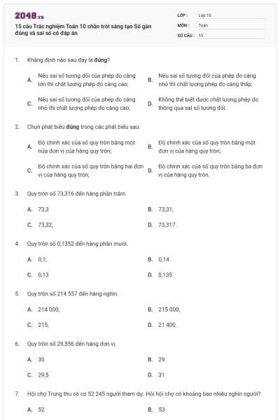 15 câu Trắc nghiệm Toán 10 chân trời sáng tạo Số gần đúng và sai số có đáp án