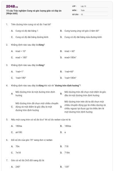 15 câu Trắc nghiệm Cung và góc lượng giác có đáp án (Nhận biết)