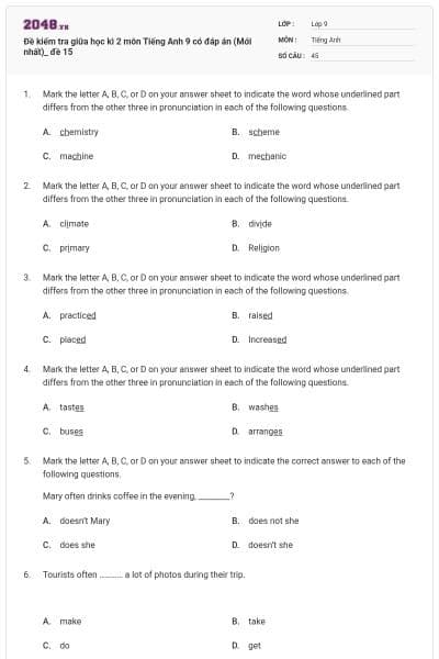 Đề kiểm tra giữa học kì 2 môn Tiếng Anh 9 có đáp án (Mới nhất)_ đề 15