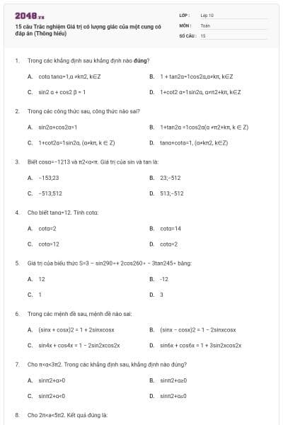 15 câu Trắc nghiệm Giá trị có lượng giác của một cung có đáp án (Thông hiểu)