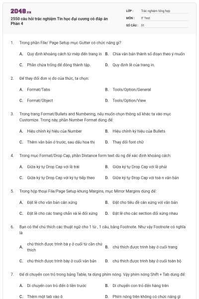 2550 câu hỏi trắc nghiệm Tin học đại cương có đáp án Phần 4