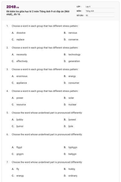 Đề kiểm tra giữa học kì 2 môn Tiếng Anh 9 có đáp án (Mới nhất)_ đề 16
