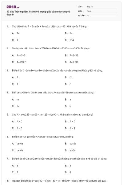 13 câu Trắc nghiệm Giá trị có lượng giác của một cung có đáp án