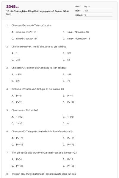 10 câu Trắc nghiệm Công thức lượng giác có đáp án (Nhận biết)