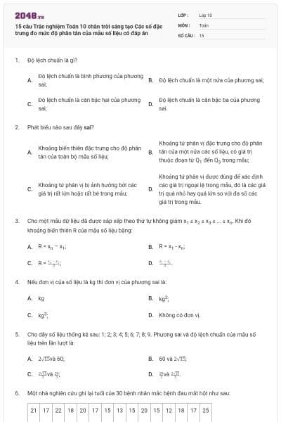 15 câu Trắc nghiệm Toán 10 chân trời sáng tạo Các số đặc trưng đo mức độ phân tán của mẫu số liệu có đáp án