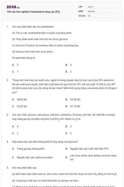 100 câu trắc nghiệm Cacbohiđrat nâng cao (P2)