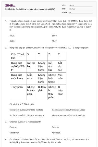 335 Bài tập Cacbohidrat cơ bản, nâng cao có lời giải (P6)