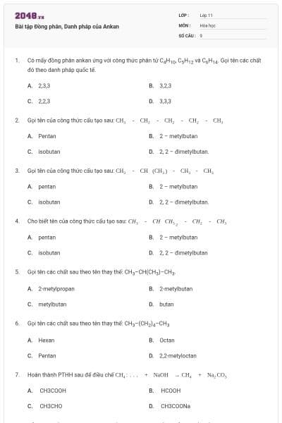 Bài tập Đồng phân, Danh pháp của Ankan