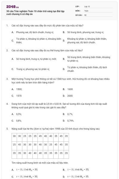 30 câu Trắc nghiệm Toán 10 chân trời sáng tạo Bài tập cuối chương 6 có đáp án