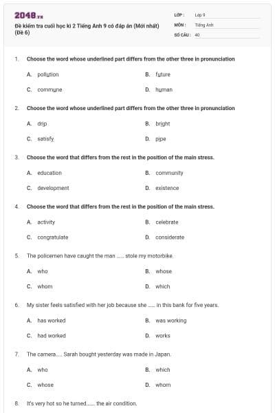 Đề kiểm tra cuối học kì 2 Tiếng Anh 9 có đáp án (Mới nhất) (Đề 6)