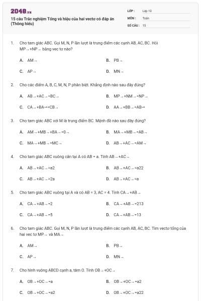 15 câu Trắc nghiệm Tổng và hiệu của hai vectơ có đáp án (Thông hiểu)