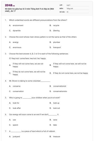 Đề kiểm tra giữa học kì 2 môn Tiếng Anh 9 có đáp án (Mới nhất)_ đề 17