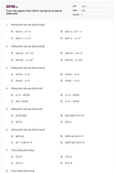 9 câu Trắc nghiệm Toán 9 Bài 9: Căn bậc ba có đáp án (Nhận biết)
