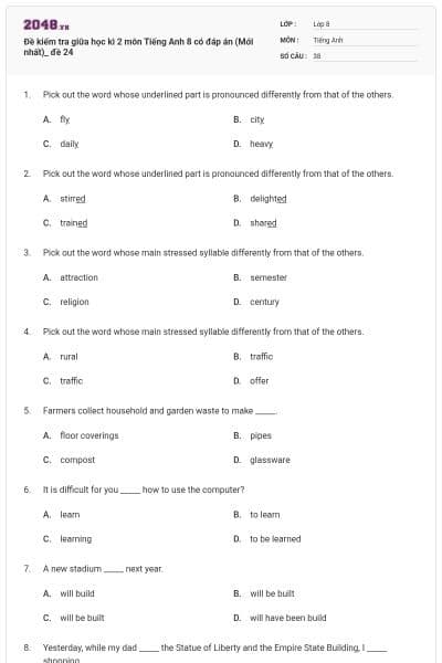Đề kiểm tra giữa học kì 2 môn Tiếng Anh 8 có đáp án (Mới nhất)_ đề 24