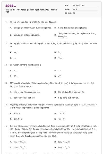 Giải Đề thi THPT Quốc gia môn Vật lí năm 2022 - Mã đề 208