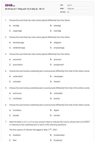 Đề thi học kì 1 Tiếng anh 10 có đáp án - Đề 13