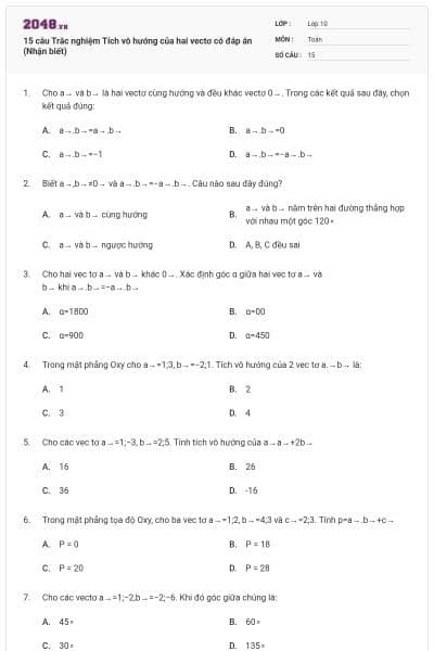 15 câu Trắc nghiệm Tích vô hướng của hai vectơ có đáp án (Nhận biết)