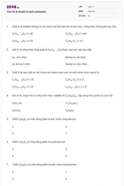 Câu hỏi lý thuyết về Axit cacboxylic
