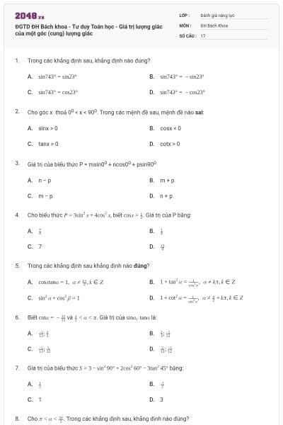 ĐGTD ĐH Bách khoa - Tư duy Toán học - Giá trị lượng giác của một góc (cung) lượng giác