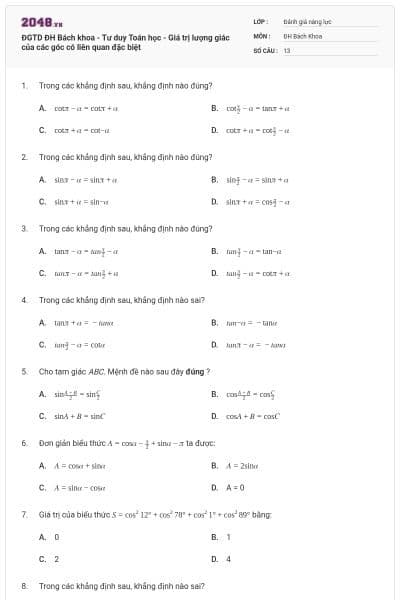 ĐGTD ĐH Bách khoa - Tư duy Toán học - Giá trị lượng giác của các góc có liên quan đặc biệt