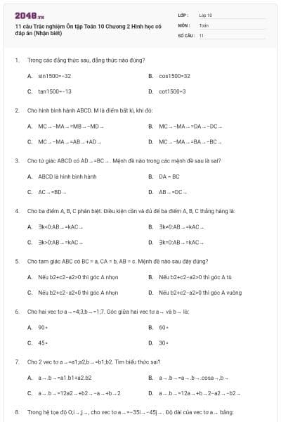 11 câu Trắc nghiệm Ôn tập Toán 10 Chương 2 Hình học có đáp án (Nhận biết)