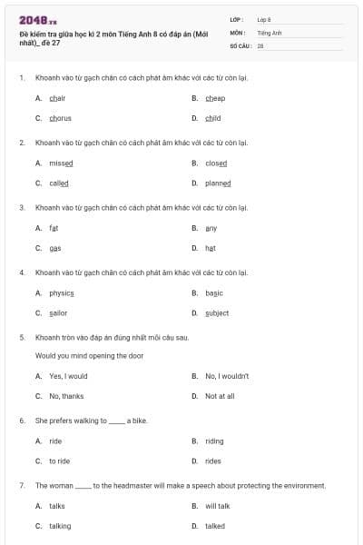 Đề kiểm tra giữa học kì 2 môn Tiếng Anh 8 có đáp án (Mới nhất)_ đề 27
