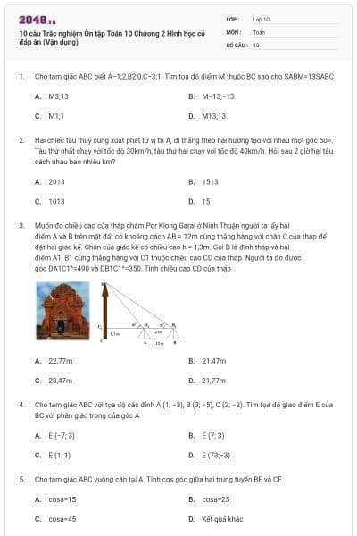 10 câu Trắc nghiệm Ôn tập Toán 10 Chương 2 Hình học có đáp án (Vận dụng)