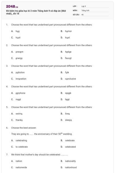 Đề kiểm tra giữa học kì 2 môn Tiếng Anh 9 có đáp án (Mới nhất)_ đề 18