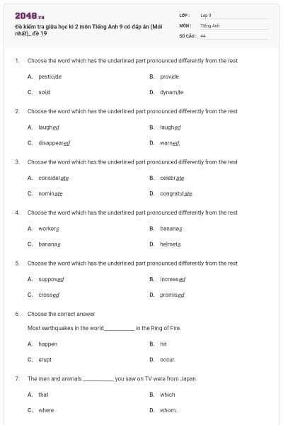 Đề kiểm tra giữa học kì 2 môn Tiếng Anh 9 có đáp án (Mới nhất)_ đề 19