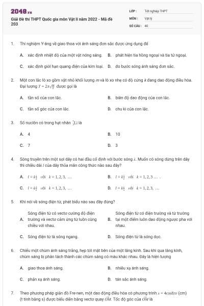 Giải Đề thi THPT Quốc gia môn Vật lí năm 2022 - Mã đề 203