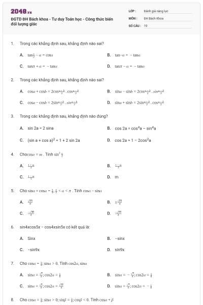 ĐGTD ĐH Bách khoa - Tư duy Toán học - Công thức biến đổi lượng giác