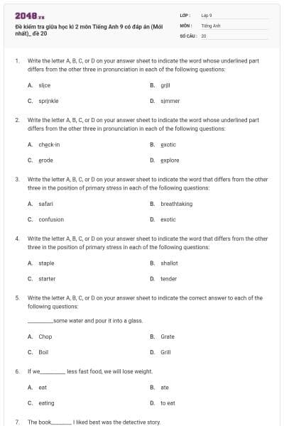Đề kiểm tra giữa học kì 2 môn Tiếng Anh 9 có đáp án (Mới nhất)_ đề 20