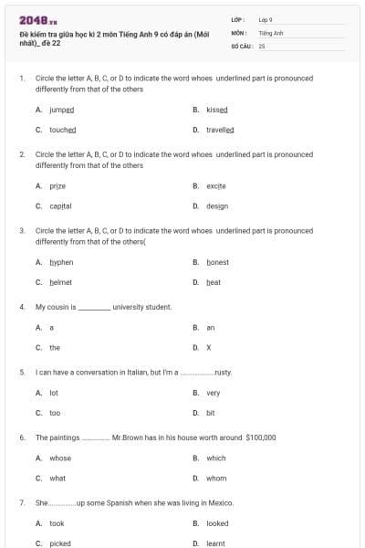 Đề kiểm tra giữa học kì 2 môn Tiếng Anh 9 có đáp án (Mới nhất)_ đề 22