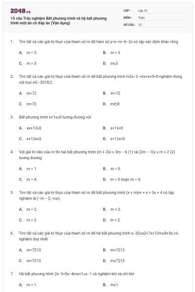 15 câu Trắc nghiệm Bất phương trình và hệ bất phương trình một ẩn có đáp án (Vận dụng)