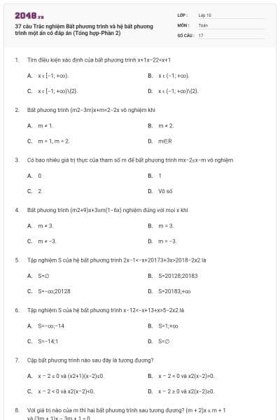 37 câu Trắc nghiệm Bất phương trình và hệ bất phương trình một ẩn có đáp án (Tổng hợp-Phần 2)