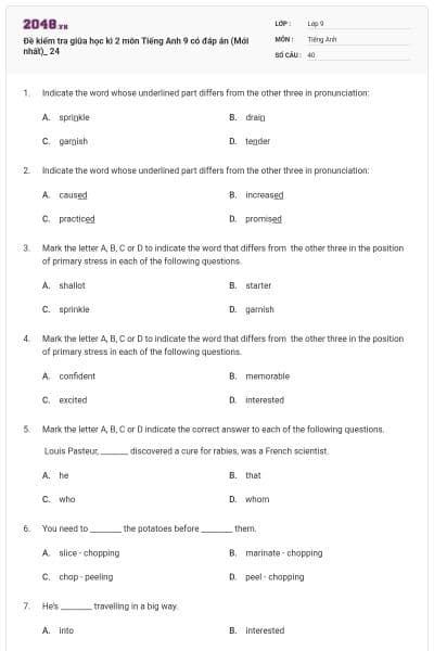 Đề kiểm tra giữa học kì 2 môn Tiếng Anh 9 có đáp án (Mới nhất)_ 24