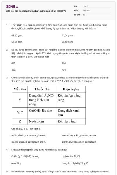 335 Bài tập Cacbohidrat cơ bản, nâng cao có lời giải (P7)
