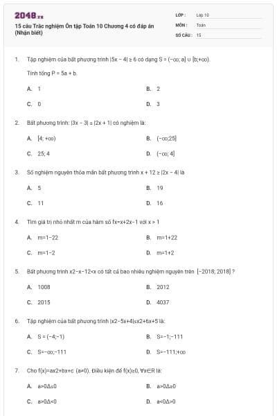 15 câu Trắc nghiệm Ôn tập Toán 10 Chương 4 có đáp án (Nhận biết)