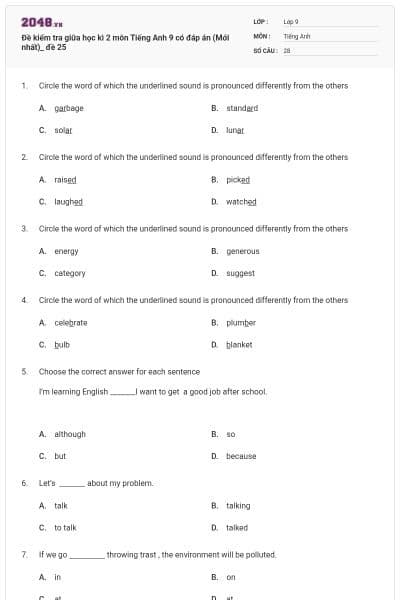 Đề kiểm tra giữa học kì 2 môn Tiếng Anh 9 có đáp án (Mới nhất)_ đề 25