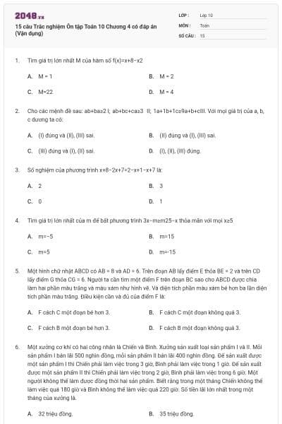 15 câu Trắc nghiệm Ôn tập Toán 10 Chương 4 có đáp án (Vận dụng)