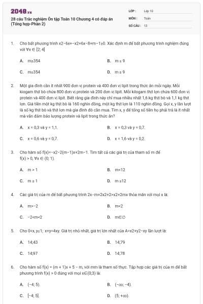28 câu Trắc nghiệm Ôn tập Toán 10 Chương 4 có đáp án (Tổng hợp-Phần 2)