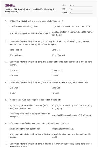 144 Câu hỏi trắc nghiệm Địa Lí tự nhiên lớp 12 có đáp án ( thông hiểu P6)